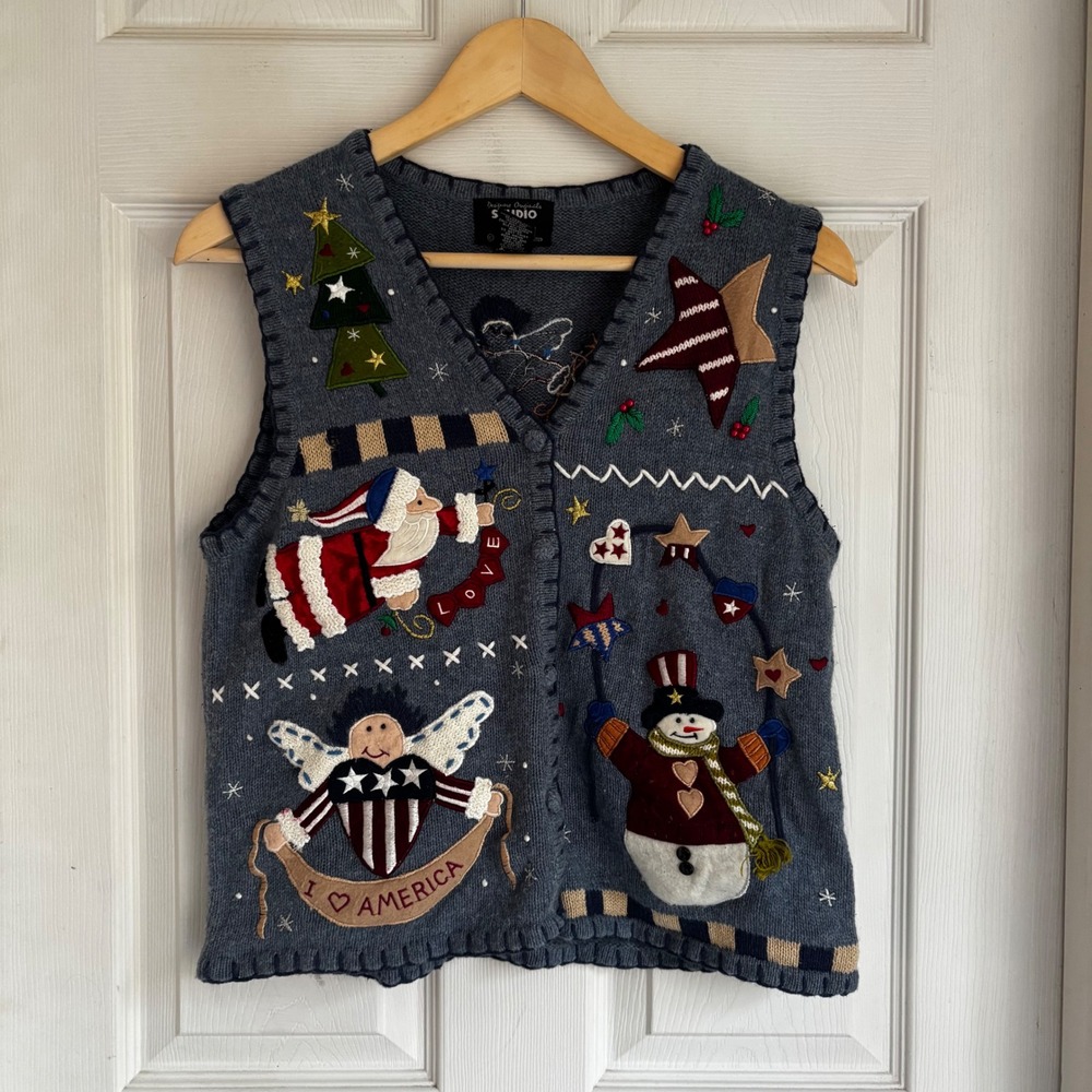 Womens Patriotic Ugly Christmas Sweater Vest S Santa‎ Snowman Angel Vintage
